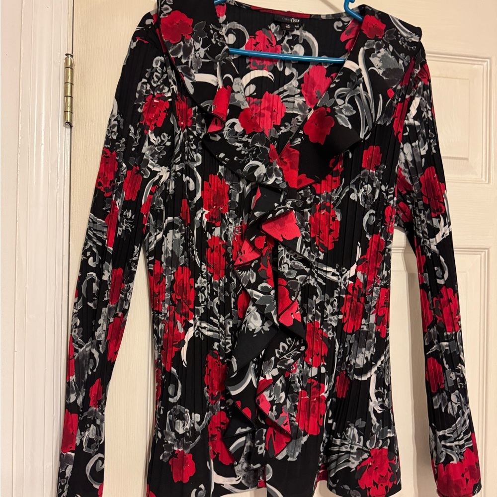 Gently loved Chic Black and Red Ruffle Floral Women's Blouse